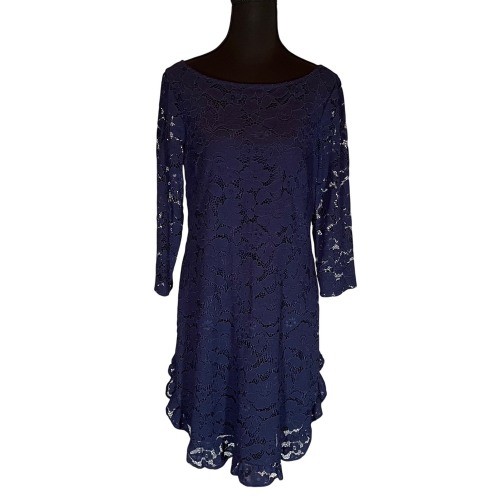 Vince Camuto Navy Blue Floral Lace Ruffle Hem Sheath Dress 8 Special Occasion